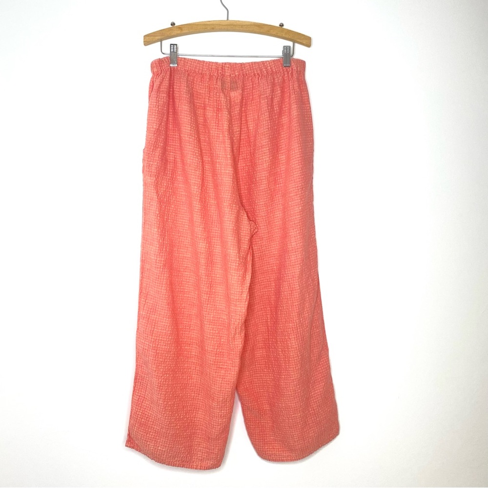 FLAX Linen Seersucker Wide Leg Flood Pants Coral Orange Pull On Pockets Medium - Picture 7 of 8